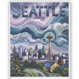 Pegatina Seattle Skyline Van Gogh Style Vintage Travel Art