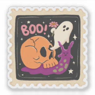 Pegatina Sello de Halloween vintage "¡Buu!" Calavera y fant