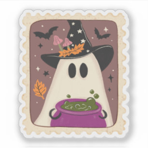 Pegatina Sello Vintage Halloween Ghost Witch & Cauldron