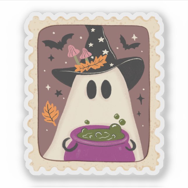 Pegatina Sello Vintage Halloween Ghost Witch & Cauldron (Anverso)