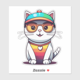 Pegatina Sentado Gato con Gafas y Clipart Gorra