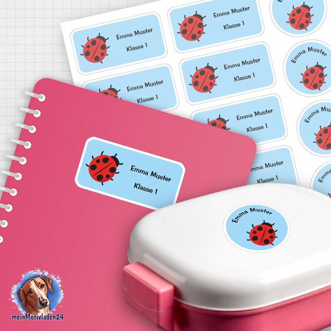 Pegatina Set - 12 Namensaufkleber Marienkäfer - hellblau |  (12 runde und eckige Schulaufkleber im Set, Motiv Marienkäfer auf blauen Hintergrund)