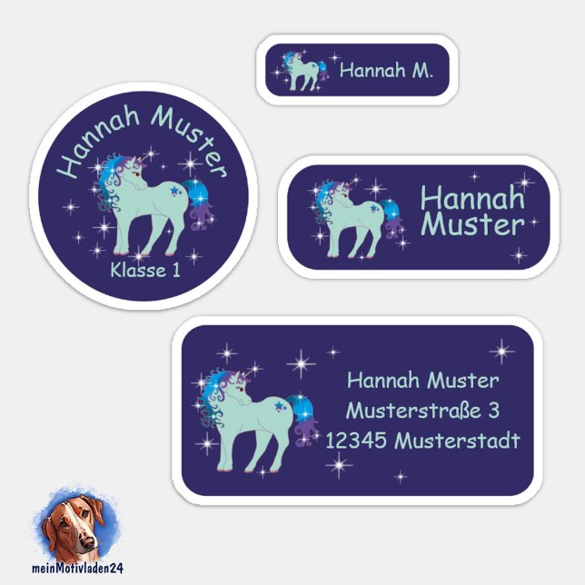 Pegatina Set - 24 Namensaufkleber Fantasy Einhorn blau | (Namensaufkleber Set für Kinder - Fantasy Einhorn blau - 24 teilig, personalisierbar )