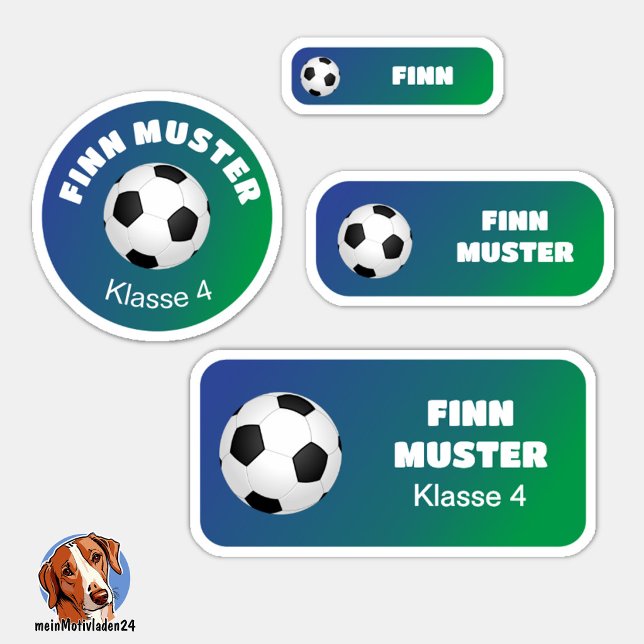 Pegatina Set - 24 Namensaufkleber Fußball Farbverlauf |   (24 verschiedene Namensaufkleber für Kinder - Motiv: Fußball - Farbverlauf Blau - Grün)
