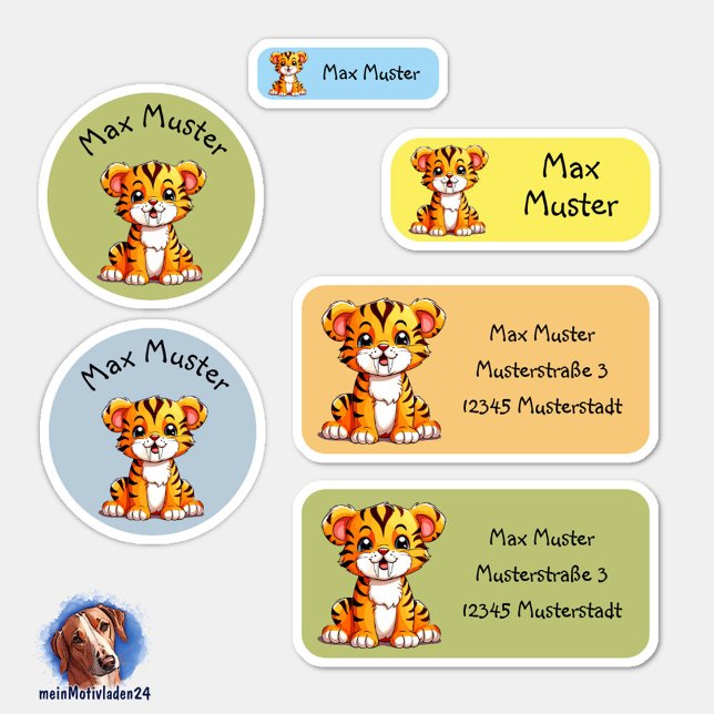 Pegatina Set - 24 Namensaufkleber Kleiner Säbelzahntiger | (Namensaufkleber Set für Kinder - Kleiner Säbelzahntiger bunt - 24 teilig, personalisierbar )