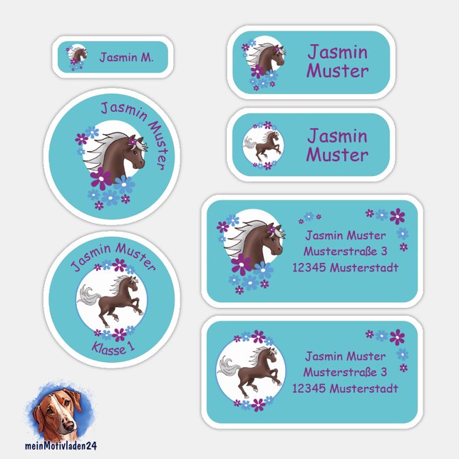 Pegatina Set - 24 Namensaufkleber Pferde Blumen türkis |  (Namensaufkleber Set für Kinder - Pony Blumen tuerkis - 24 teilig, personalisierbar )