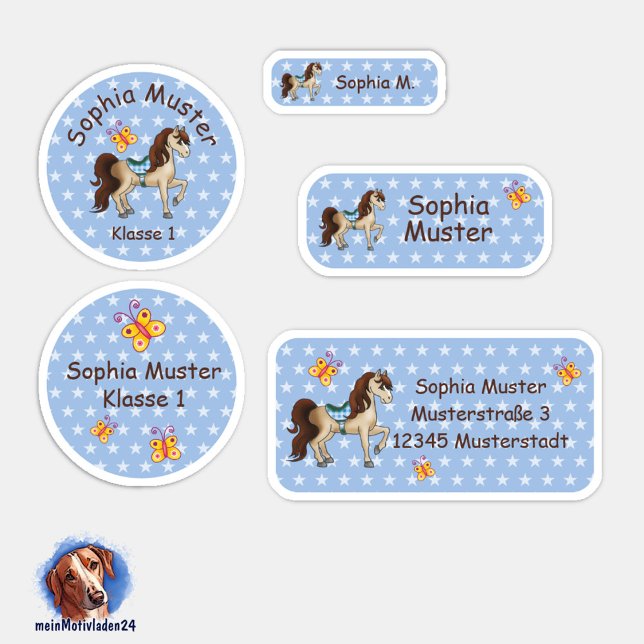 Pegatina Set - 24 Namensaufkleber Pferde Sternchen blau | (Namensaufkleber Set für Mädchen - Pferde - Sternchen blau - 24 teilig, personalisierbar )