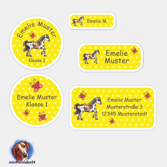 Pegatina Set - 24  Namensaufkleber Pferde Sternchen gelb | (Namensaufkleber Set für Mädchen - Pferde - Sternchen gelb - 24 teilig, personalisierbar )