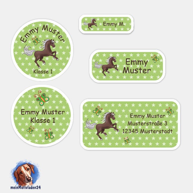 Pegatina Set - 24 Namensaufkleber Pferde Sterne grün |  (Namensaufkleber Set für Mädchen - Pferde - Sternchen grün - 24 teilig, personalisierbar )
