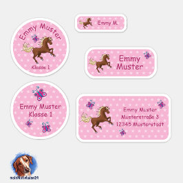 Pegatina Set - 24 Namensaufkleber Pferde Sterne rosa |