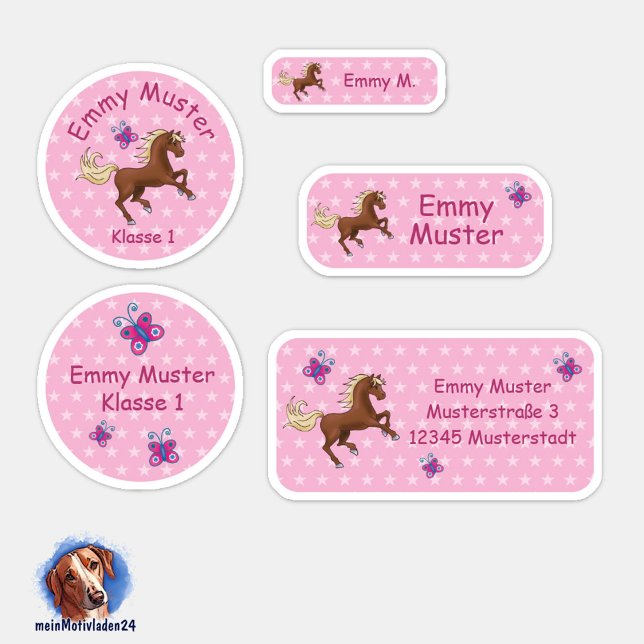 Pegatina Set - 24 Namensaufkleber Pferde Sterne rosa | (Namensaufkleber Set für Mädchen - Pferde - Sternchen rosa - 24 teilig, personalisierbar )