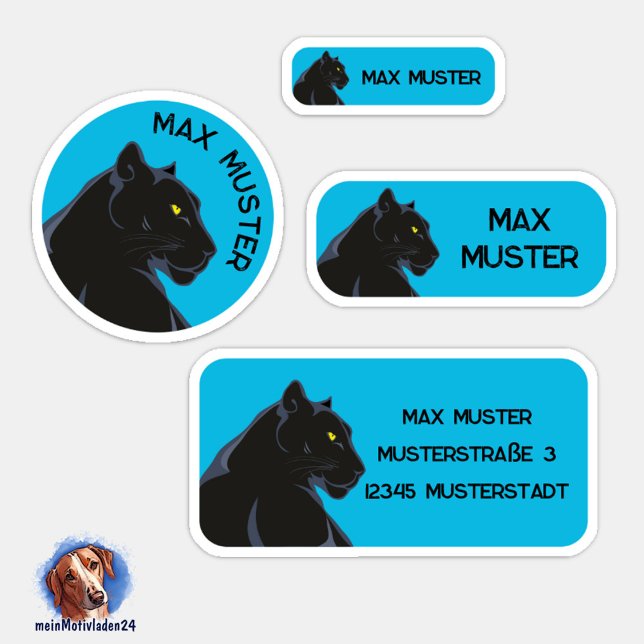 Pegatina Set - 24 Namensaufkleber Schwarzer Panther blau |  (Namensaufkleber Set für Kinder - Schwarzer Panther blau - 24 teilig, personalisierbar )