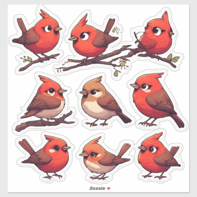 Pegatina Set de Stickers de Cardenal y Pájaros Cantores Lin (Hoja)