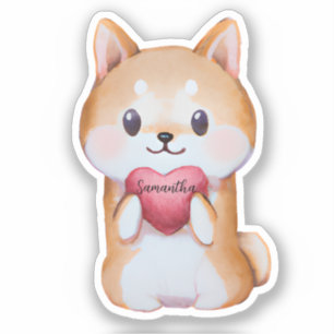 Pegatina Shiba Inu sosteniendo un corazón