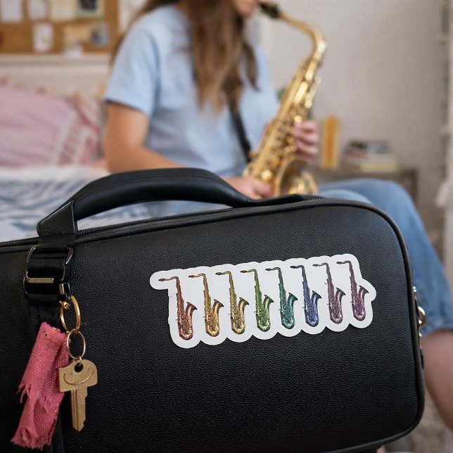 Pegatina Siete Saxofones de Arcoíris Instrumentos Coloridos (A die cut sticker of rainbow saxophones.)