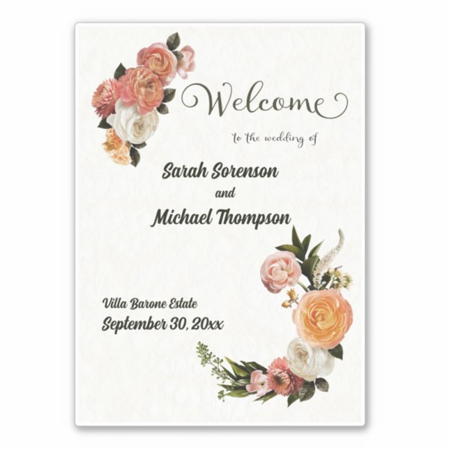 Pegatina Signo de bienvenida boda Floral personalizada (Anverso)