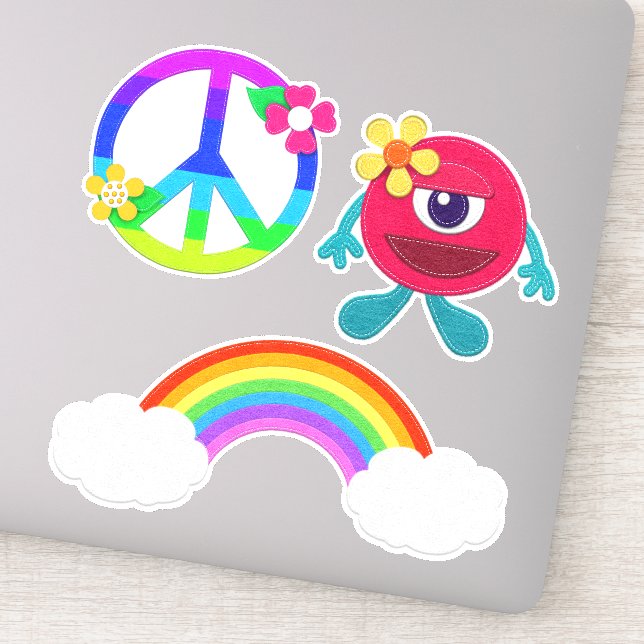 Pegatina Signo de paz arcoiris y monstruo bonito (Detalle)