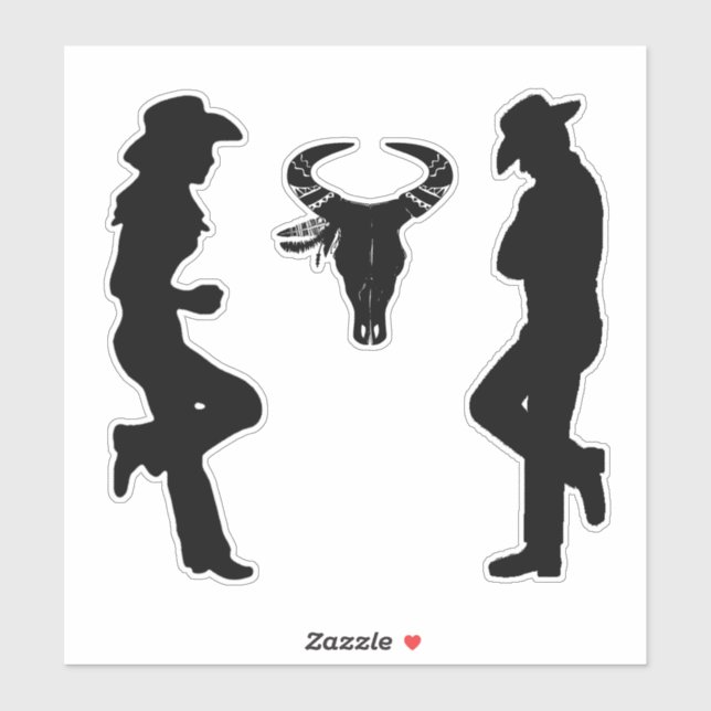 Pegatina Silhouette Cowgirl Cowboy y Bull Skull (Hoja)