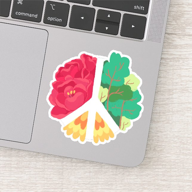 Pegatina SÍMBOLO DE PAZ - Bosque verde y flores rojas (Detalle)