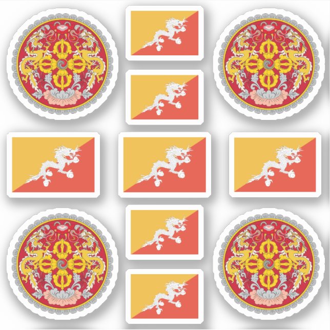 Pegatina Símbolos/escudo de armas y bandera de Bhután (Anverso)