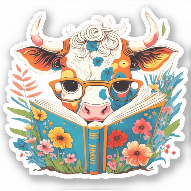 Pegatina Singular "Floral Cow Reading Book" Vinyl (Anverso)