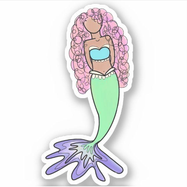 Pegatina sirena arcoíris rosa azul morado verde negro rizad (Anverso)