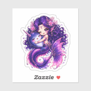 Pegatina Sirena Chibi Adorable Abrazando a una Cría de Narv