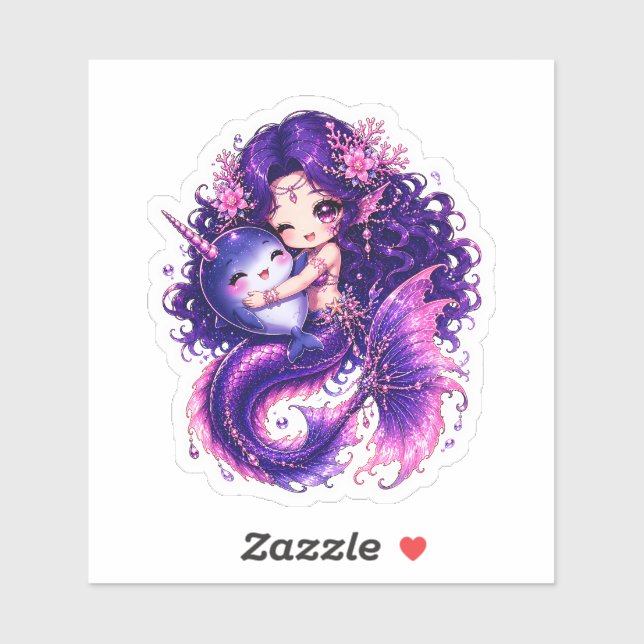 Pegatina Sirena Chibi Adorable Abrazando a una Cría de Narv (Hoja)