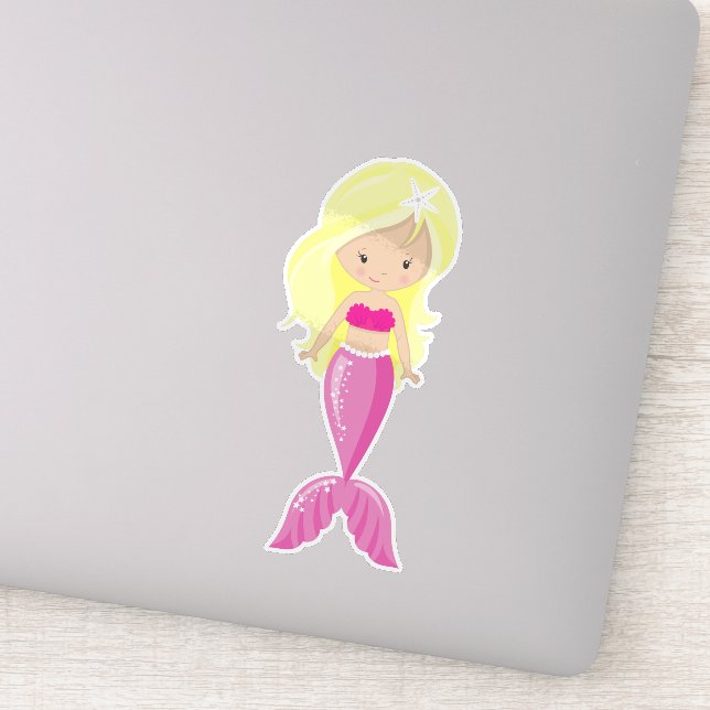 Pegatina Sirena Cuidada, Sirena Pequeña, Pelo Rubio, Cola (Detalle)