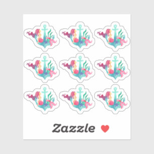 Pegatina Sirena en un Chica de la playa de acuarela náutica