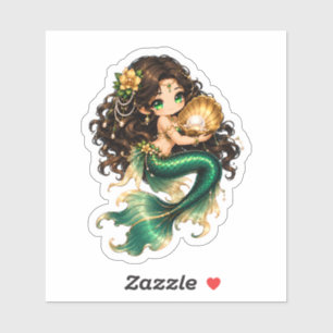 Pegatina Sirena Verde Chibi Adorable con Concha de Perla Do