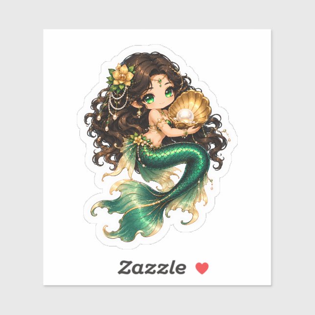 Pegatina Sirena Verde Chibi Adorable con Concha de Perla Do (Hoja)