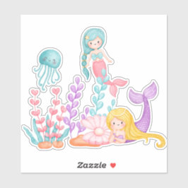 Pegatina Sirenas y medusas bajo la acuarela del mar