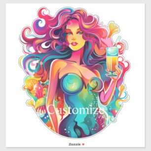 Pegatina Sirenita de cabello arcoiris con cóctel Thunder_Co