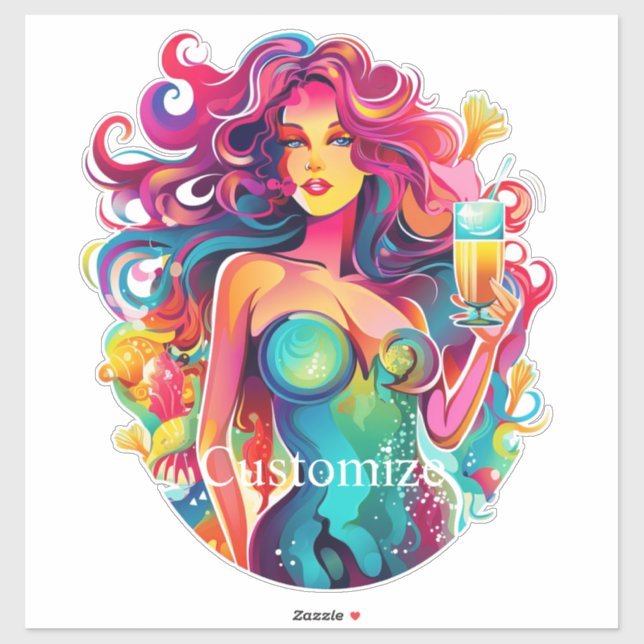 Pegatina Sirenita de cabello arcoiris con cóctel Thunder_Co (Hoja)
