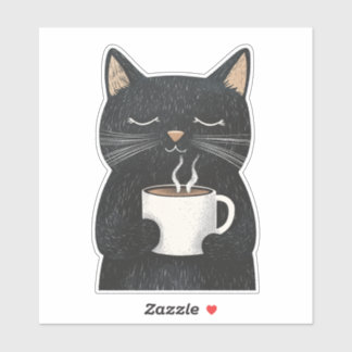 Pegatina Sleepy Black Cat con una taza de café Boho