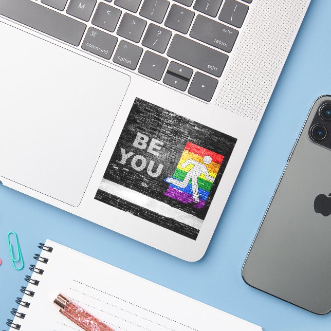 Pegatina SlipperyJoe's Be You brick wall stick figure rainb (Ordenado portátil con iPhone)