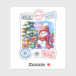 Pegatina Snowman Gift Christmas Sticker<br><div class="desc">Una encantadora pegatina navideña muestra a un muñeco de nieve festividad sosteniendo una bebida caliente en medio de regalos coloridos y un árbol decorado. La animada escena está rodeada de singulares sellos,  que le dan un toque lúdico al espíritu vacacional y a la alegría de la temporada.</div>