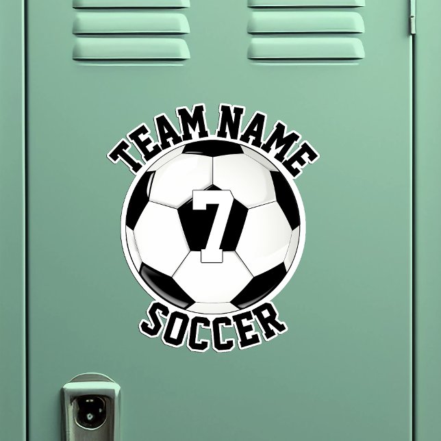 Pegatina Soccer Team Name & Player Number Personalizado Spo (Soccer sticker with custom team name and player number on a metal locker)