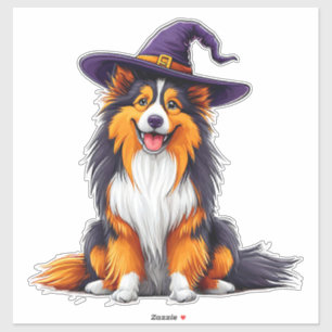 Pegatina Sombrero de Bruja Adorable Collie Halloween