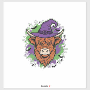 Pegatina Sombrero de Bruja Vaca Highland Halloween Vector V