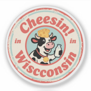 Pegatina Sonriendo en Wisconsin_ Arte Retro de Vaca Lechera