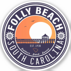 Pegatina Souvenirs Folly Beach SC Retro Sunset Pier 60