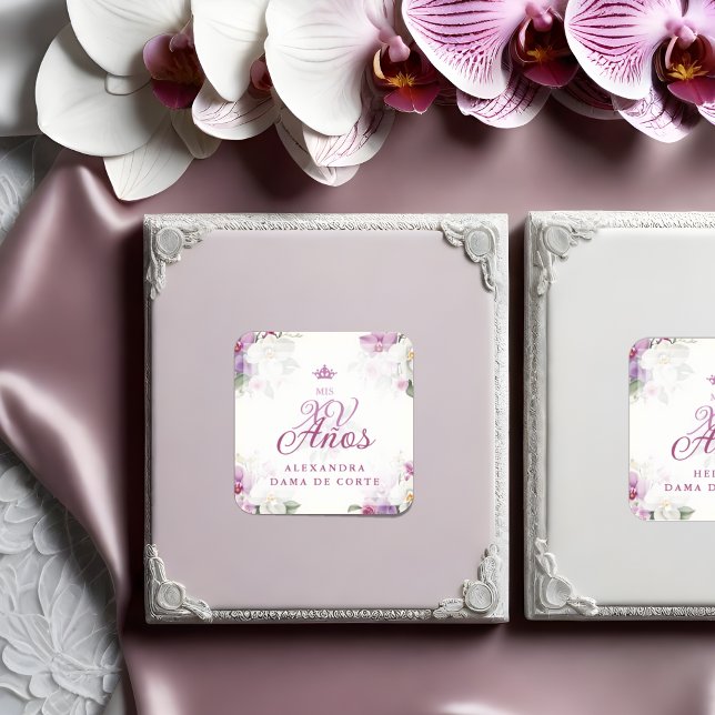 Pegatina Spanish Romantic Exquisite Floral Orchids Bouquets (Spanish Romantic Exquisite Floral Orchids Bouquets Mis XV Años Square Sticker: A Touch of Elegance.)