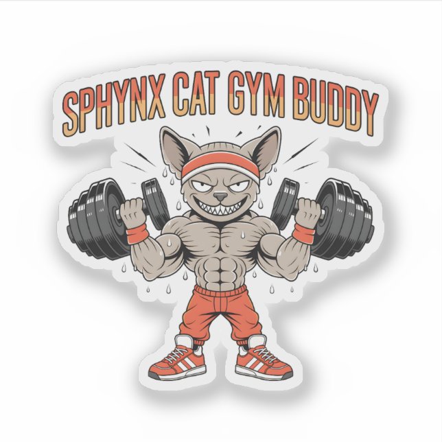 Pegatina Sphynx Cat Gym Buddy Cartoon Fitness Art (Anverso)