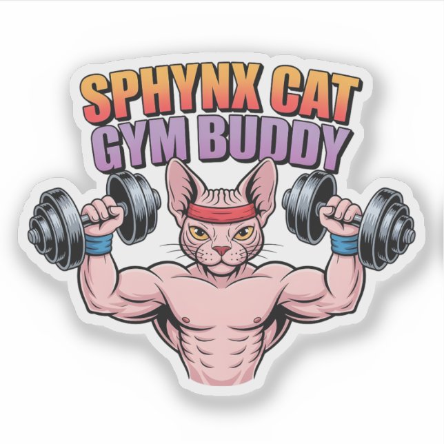 Pegatina Sphynx Cat Gym Buddy Muscular Cartoon (Anverso)