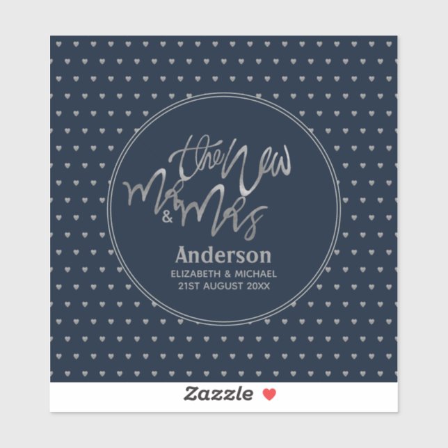 Pegatina Sr. y Sra. Boda Navy Blue Silver Love Hearts (Hoja)