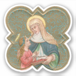 Pegatina St. Anne y el BVM en una hoja de quatrefoil con pú