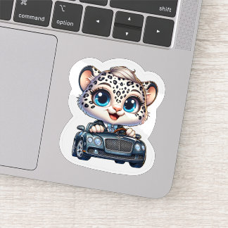 Pegatina Stickers Cute Kawaii Snow Leopard Big Cat Driving 