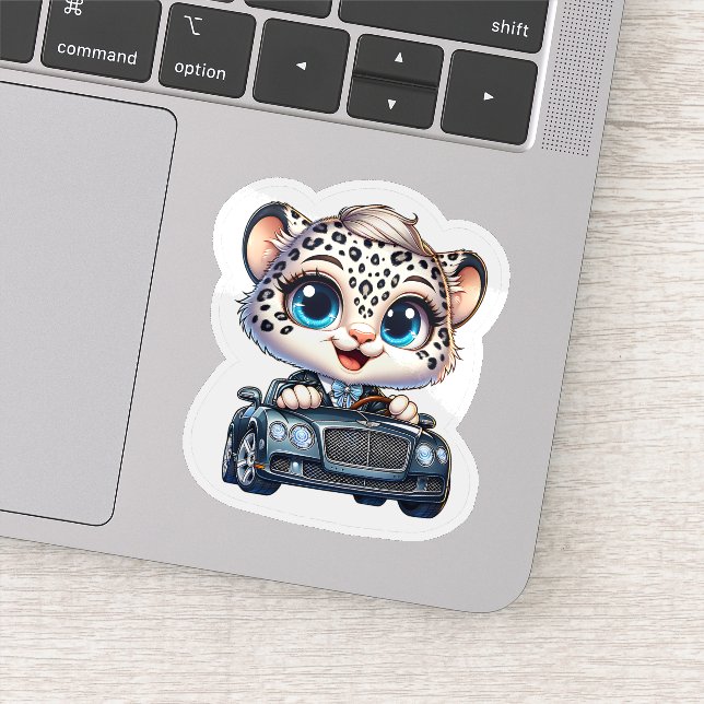 Pegatina Stickers Cute Kawaii Snow Leopard Big Cat Driving  (Detalle)
